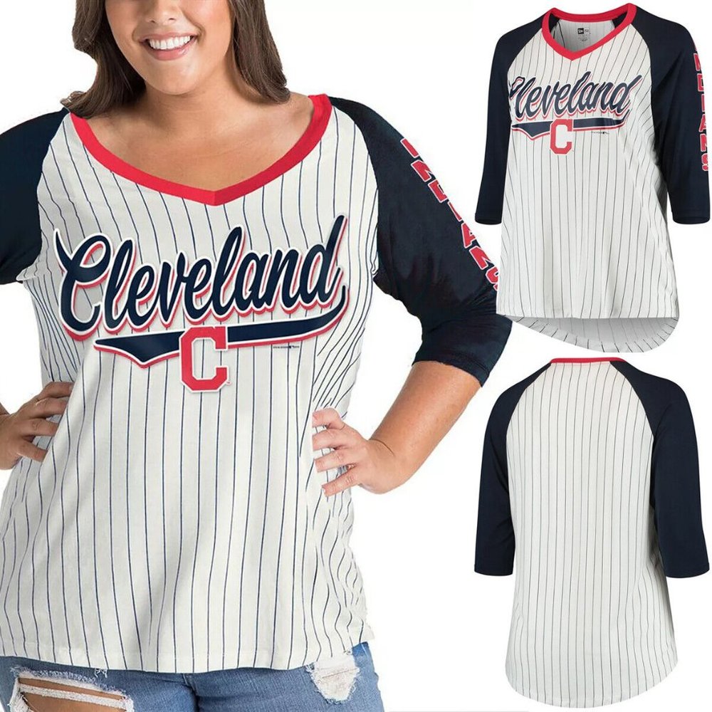Cleveland Indians Womens V-Neck Shirt Plus Size 1X Three-Quarter Sleeve Raglan